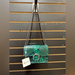 Marina Galanti Italy Green Python-Embossed Leather Chain Crossbody Bag NWT